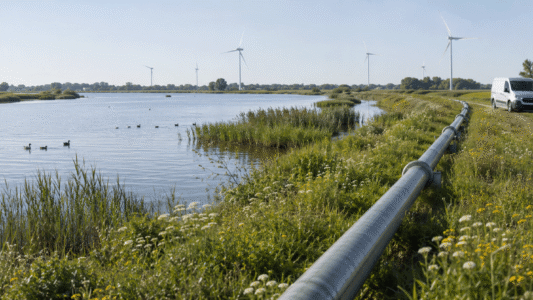 Rivier met buisleiding ernaast nog op het land